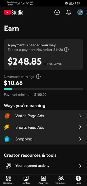 YouTube dashboard screenshot: $248.85 payout on its way to the creator